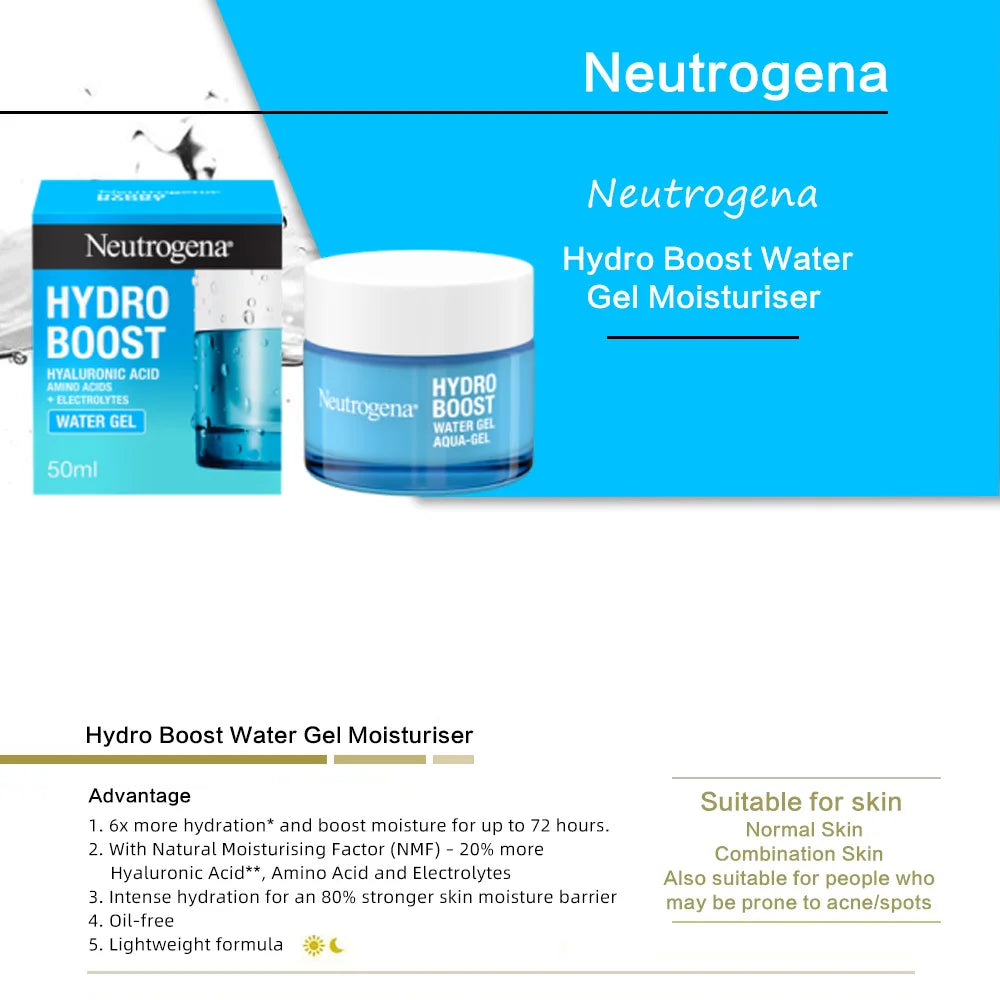 Neutrogena Hydro Boost Water Gel Moisturiser 50ml, with Hyaluronic Acid for Dry Skin, Oil-free, Up to 72 hours