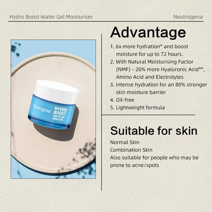 Neutrogena Hydro Boost Water Gel Moisturiser 50ml, with Hyaluronic Acid for Dry Skin, Oil-free, Up to 72 hours