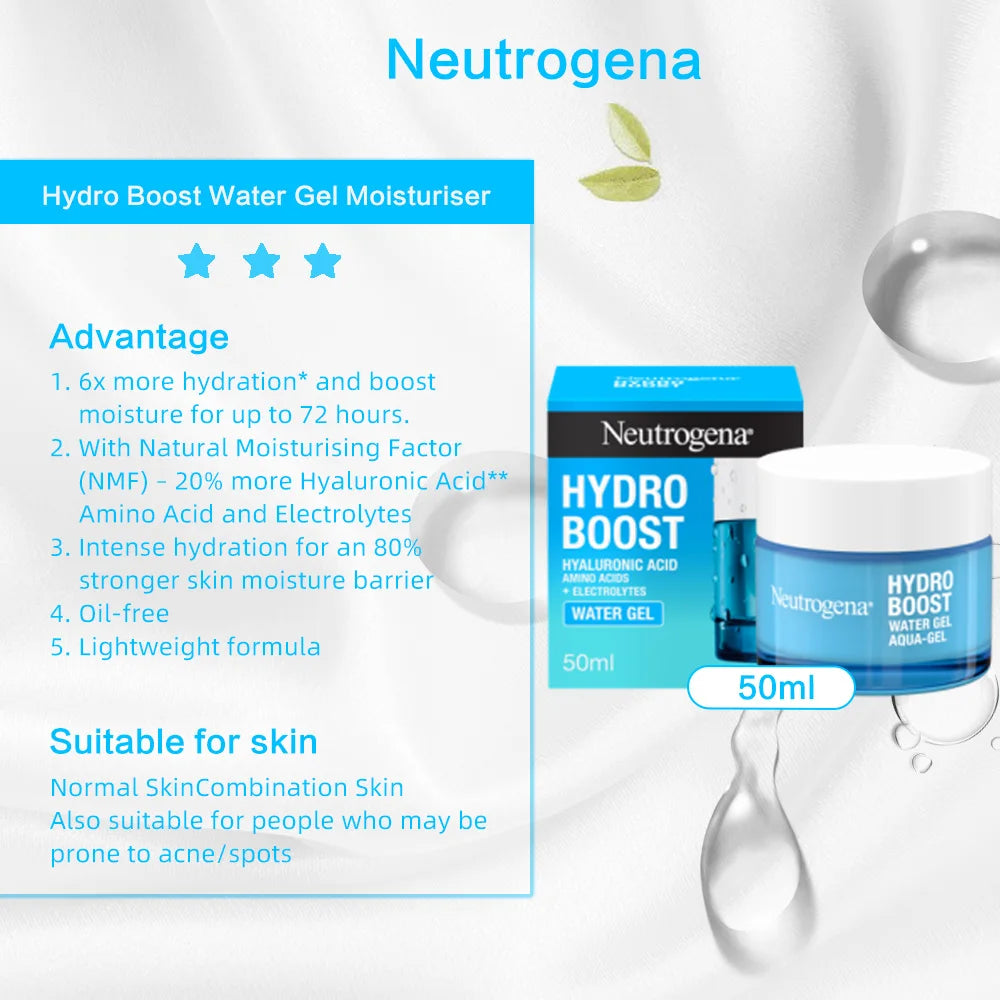Neutrogena Hydro Boost Water Gel Moisturiser 50ml, with Hyaluronic Acid for Dry Skin, Oil-free, Up to 72 hours