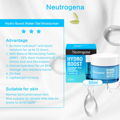Neutrogena Hydro Boost Water Gel Moisturiser 50ml, with Hyaluronic Acid for Dry Skin, Oil-free, Up to 72 hours